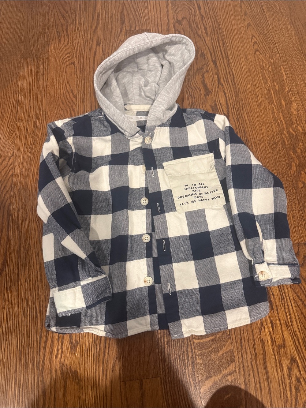 Zara Navy & White Plaid Hooded Button-Down Shirt